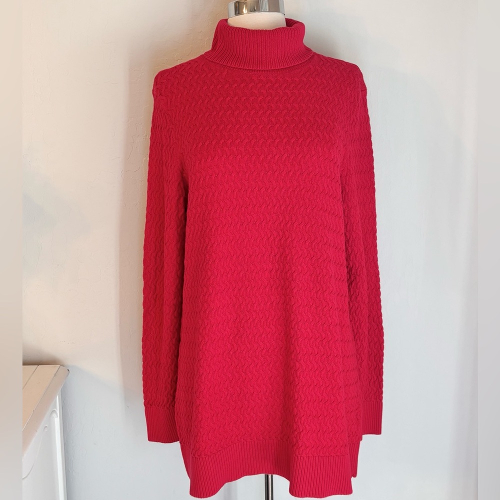 Land’s End Textured Knit Turtleneck Tunic Sweater Bright Red, Cotton, L (14/16)